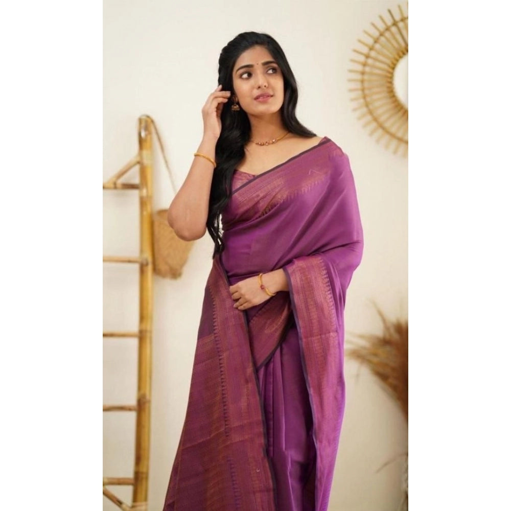 Generic Women's Litchi silk Printed Saree With Unstitched Blouse (Purple)