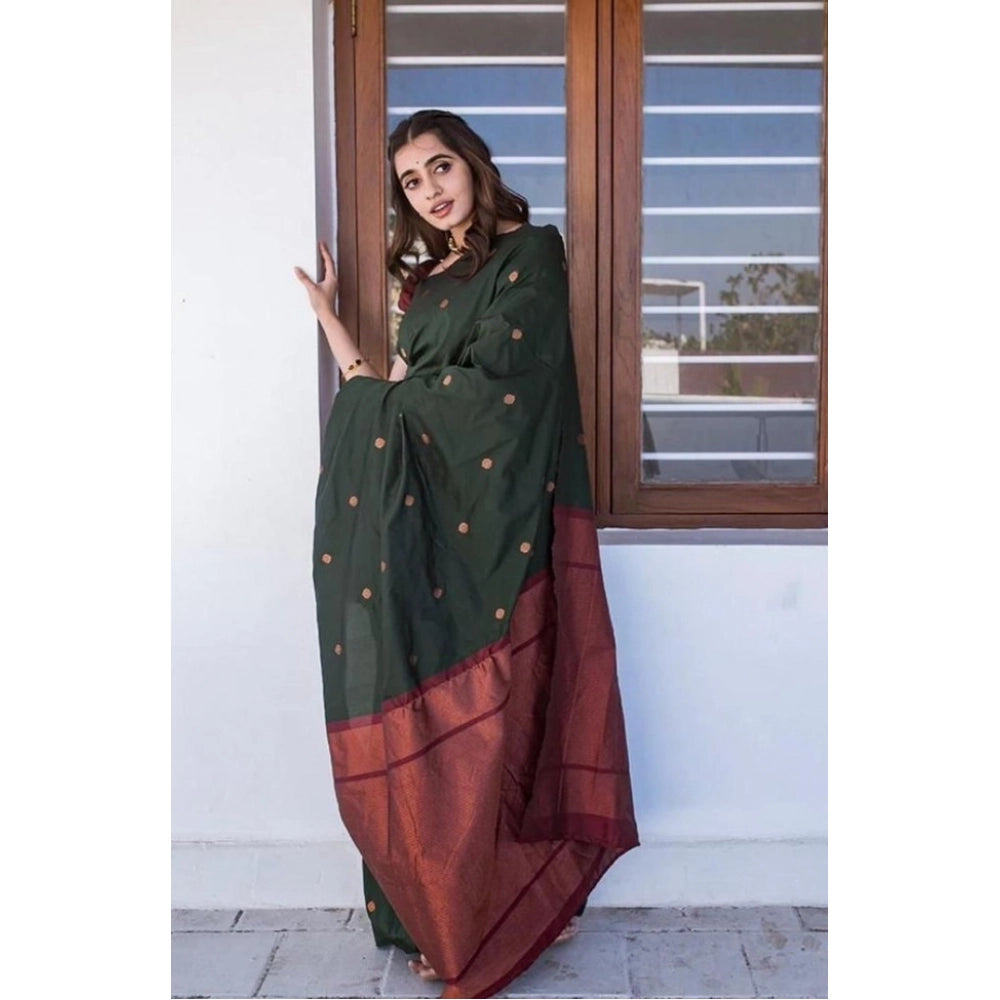Generic Women's Litchi silk Printed Saree With Unstitched Blouse (Dark Green)