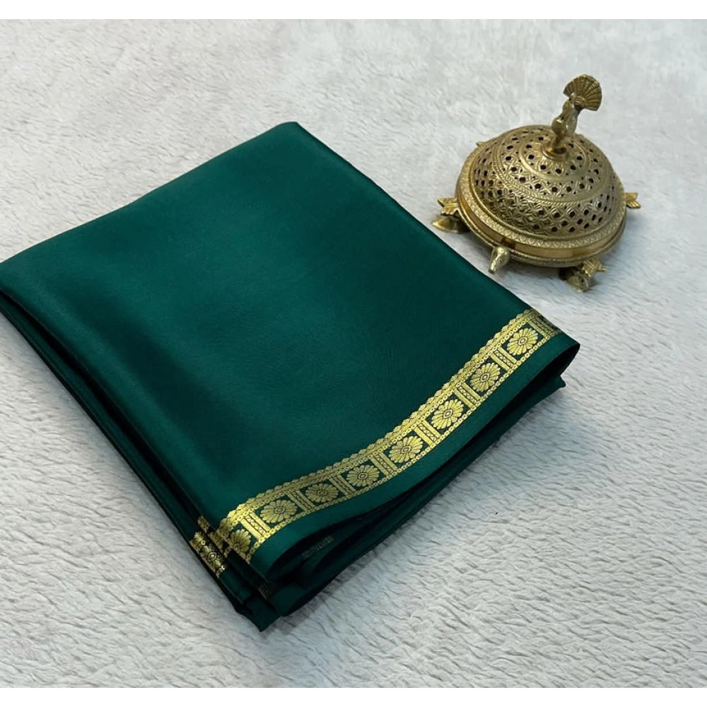 Generic Women's Crepe Chit Pallu Solid Saree With Unstitched Blouse 5.5Mtr (Green)