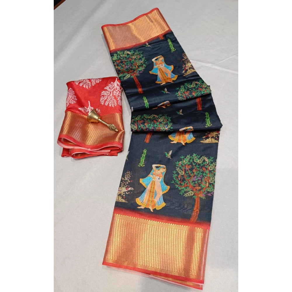 Generic Women's Digital Dolla Silk Printed Saree With Unstitched Blouse 5.5Mtr (Black)
