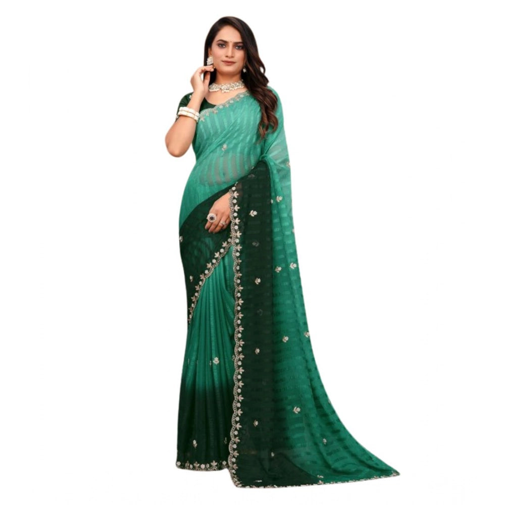 Generic Women's Chiffon Embroidred Saree With Unstitched Blouse 5.5Mtr (Dark Green)