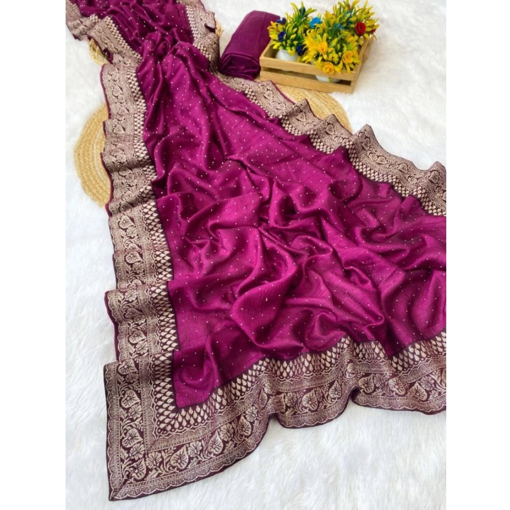 Generic Women's Silk Embroidred Saree With Unstitched Blouse 5.5Mtr (Purple)