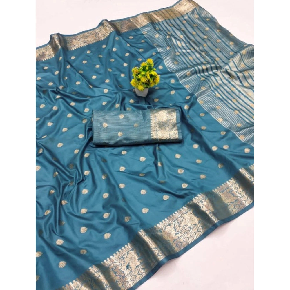 Generic Women's Jacquard Silk Jaquard Woven Saree With Unstitched Blouse 5.5Mtr (Light Blue)