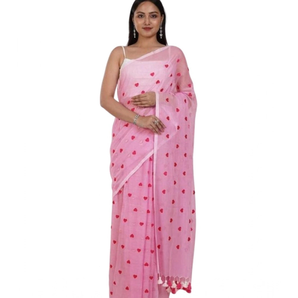 Generic Women's Linen Printed Saree With Unstitched Blouse 5.5Mtr (Pink)