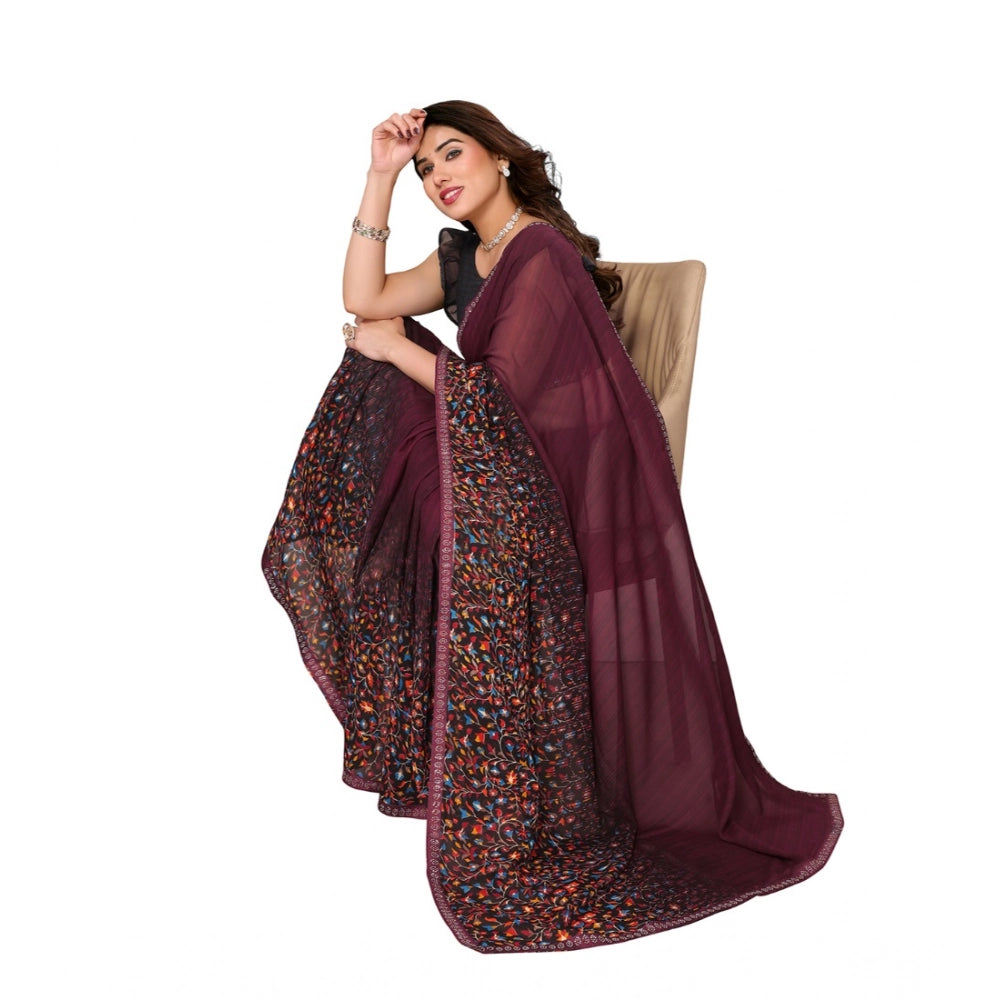 Women's Maroon Georgette Printed Saree With Unstitched Blouse 5.5Mtr