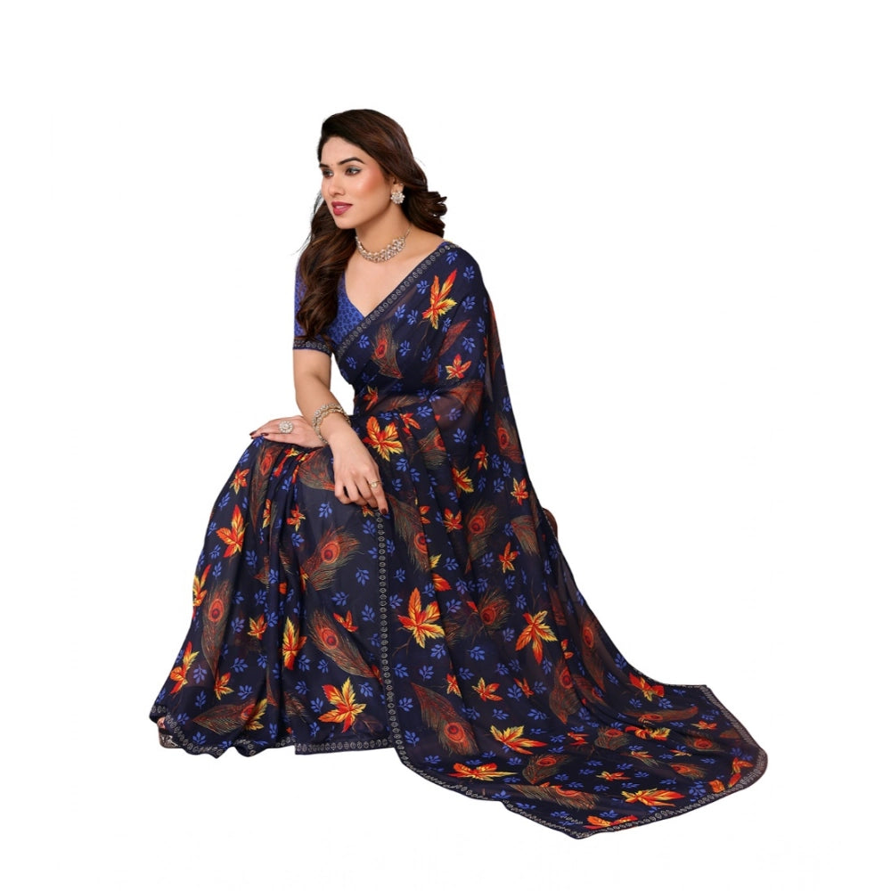 Women's Blue Georgette Printed Saree With Unstitched Blouse 5.5Mtr
