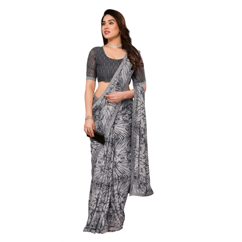 Women's Grey Georgette Printed Saree With Unstitched Blouse 5.5Mtr