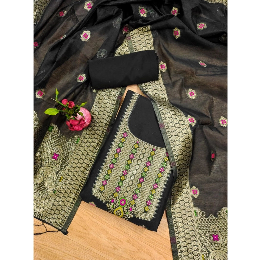 Generic Women's Banarasi Silk Printed Unstitched Salwar Suit Material With Dupatta (Black, 3Mtrs)