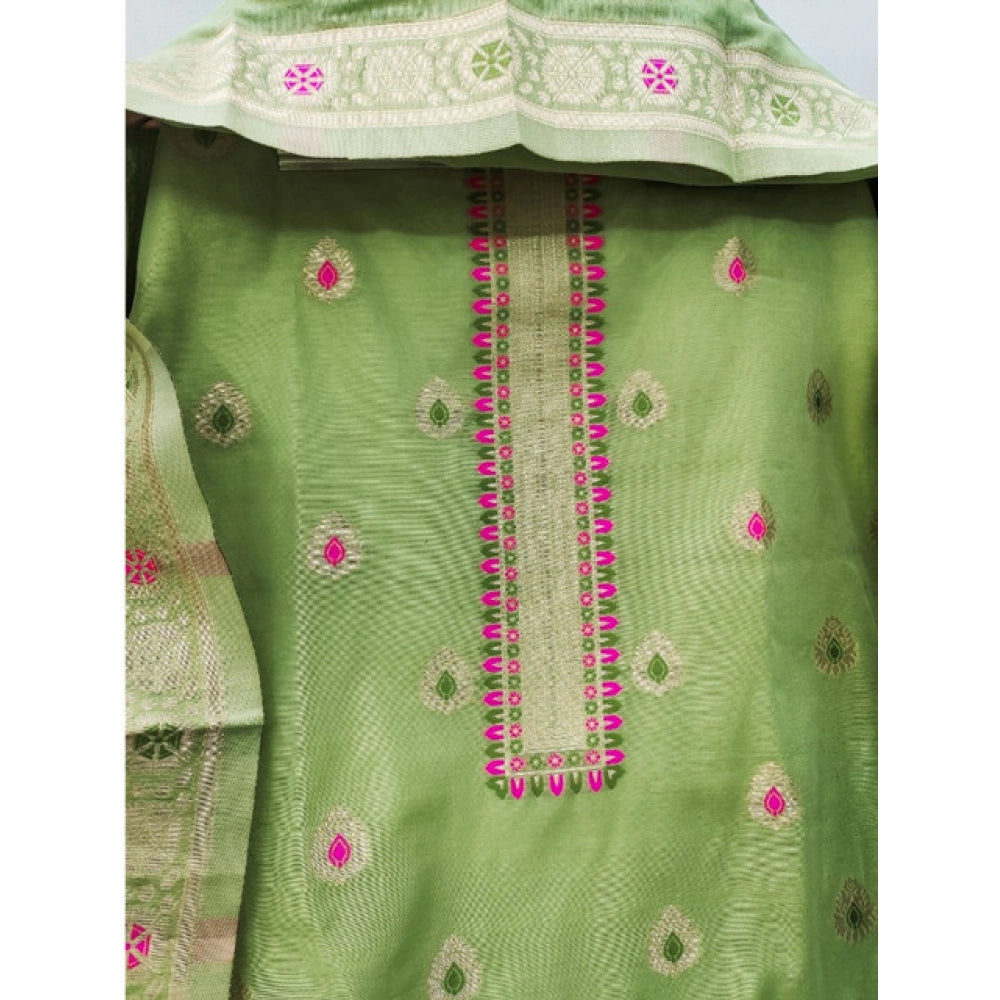 Generic Women's Banarasi Silk Printed Unstitched Salwar Suit Material With Dupatta (Pista, 3Mtrs)