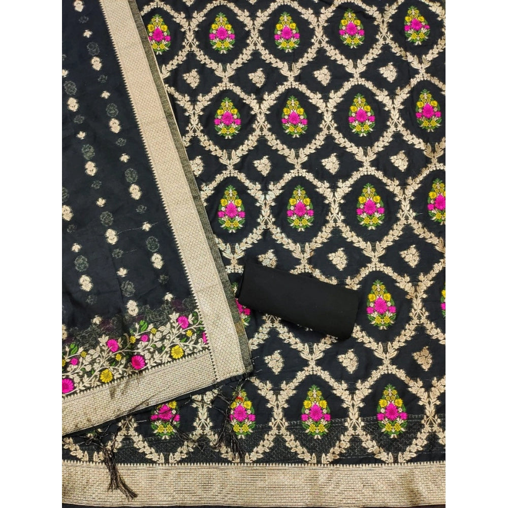 Generic Women's Banarasi Silk Printed Unstitched Salwar Suit Material With Dupatta (Black, 3Mtrs)