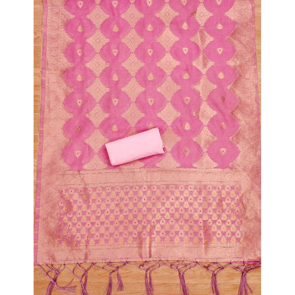 Generic Women's Banarasi Silk Printed Unstitched Salwar Suit Material With Dupatta (Pink, 3Mtrs)