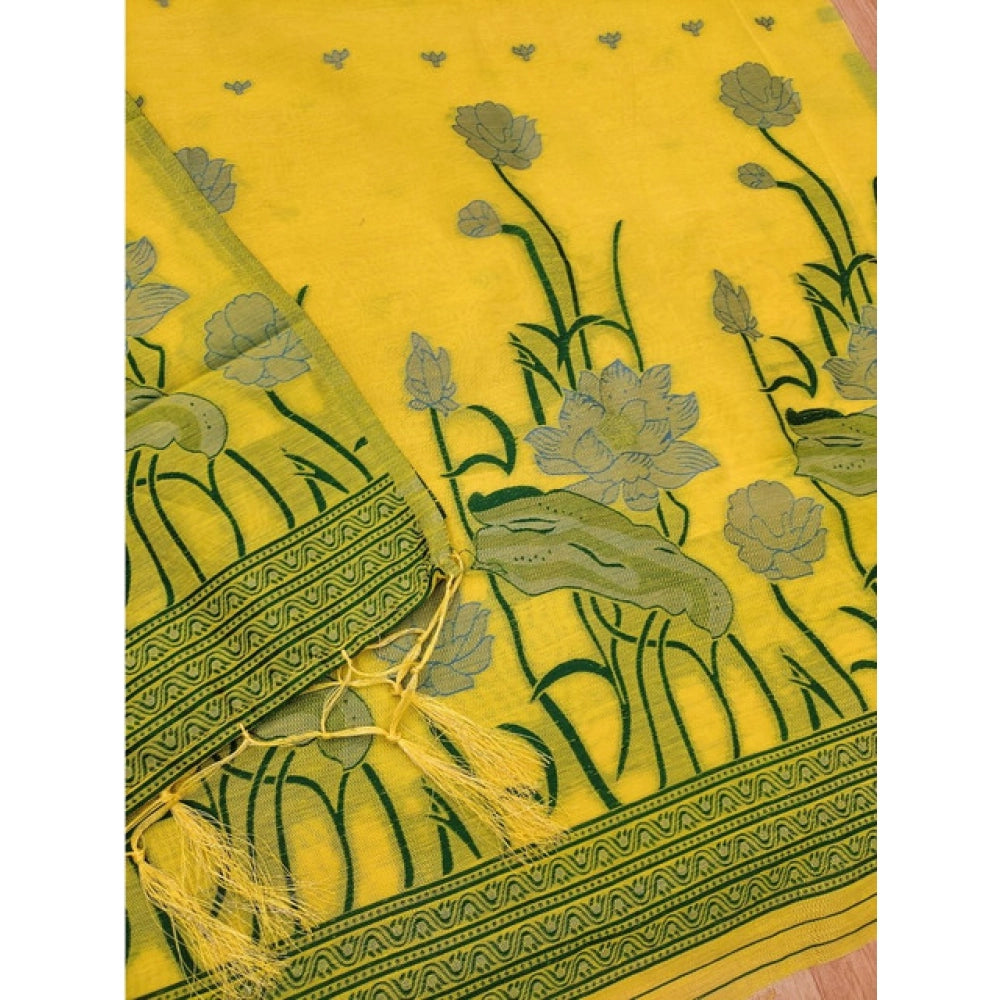 Women's Banarasi Silk Printed Unstitched Salwar Suit Material with Dupatta – Yellow, 3 Meters