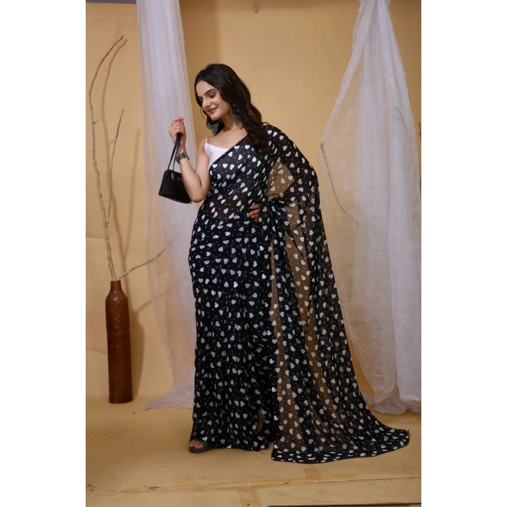 Women's Black Georgette Printed Saree With Unstitched Blouse 5.5Mtr