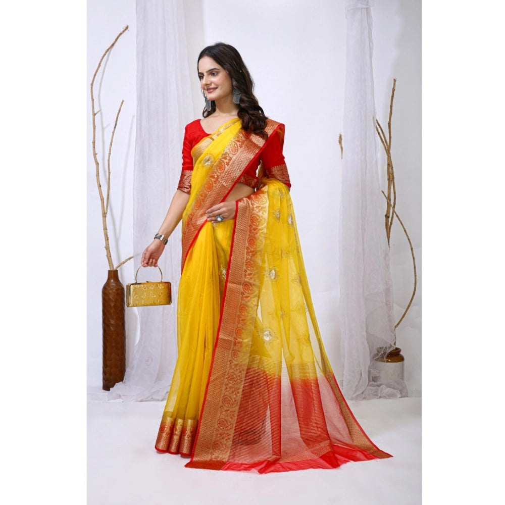 Generic Women's Organza jacquard Embellished Saree With Unstitched Blouse 5.5Mtr (Yellow)