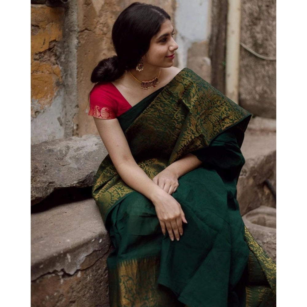 Generic Women's Soft Lichi Silk Printed Saree With Unstitched Blouse 5.5Mtr (Green)