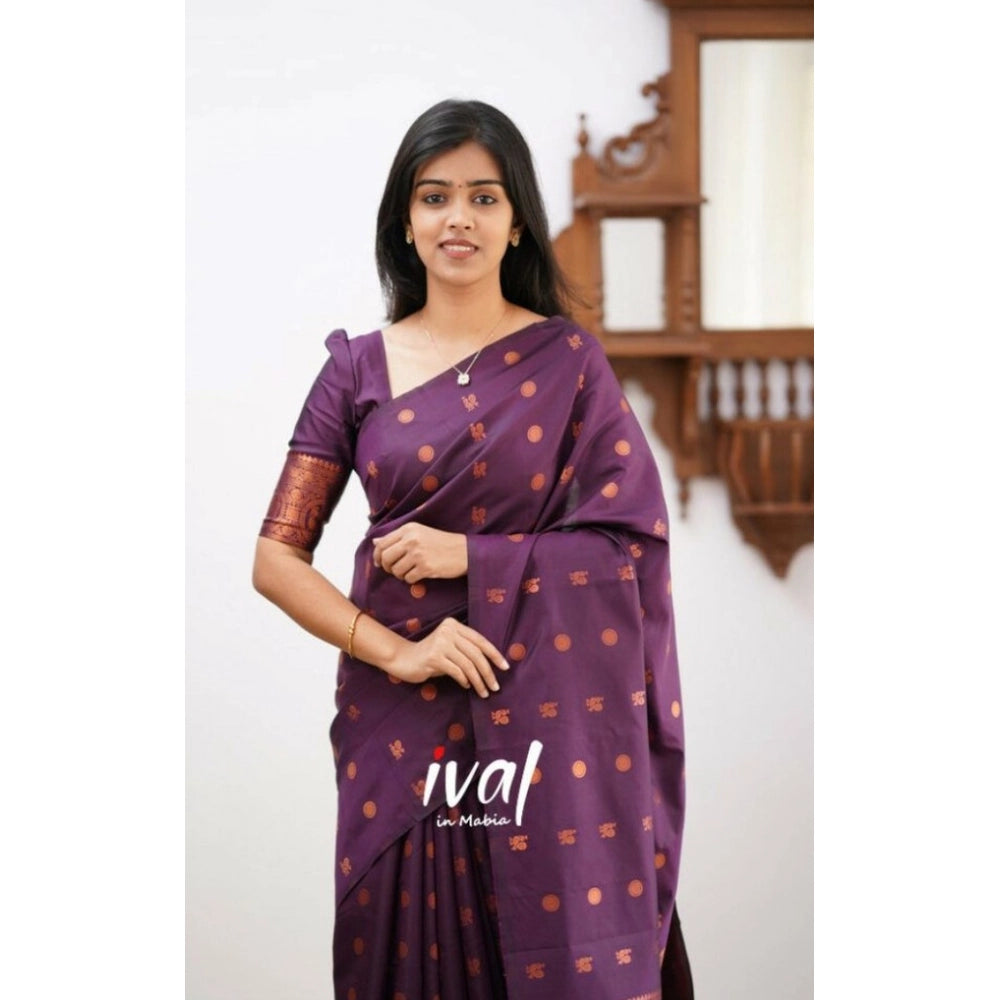 Generic Women's Soft Lichi Silk Printed Saree With Unstitched Blouse 5.5Mtr (Purple)