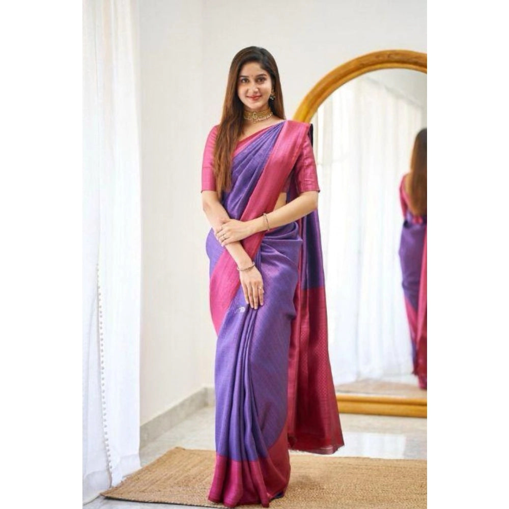 Generic Women's Soft Lichi Silk Printed Saree With Unstitched Blouse 5.5Mtr (Purple)