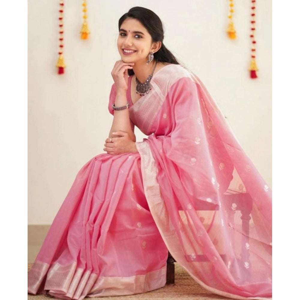 Generic Women's Soft Lichi Silk Printed Saree With Unstitched Blouse 5.5Mtr (Pink)
