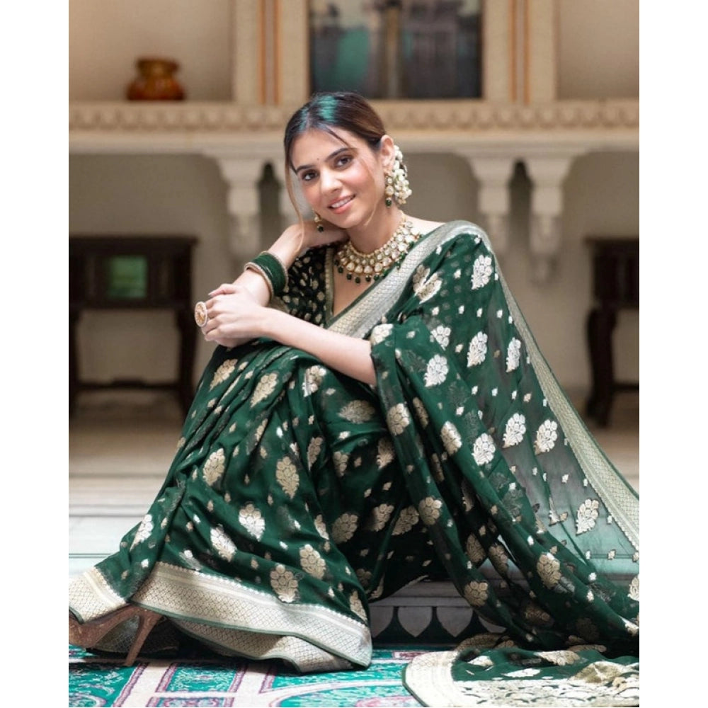 Generic Women's Soft Lichi Silk Printed Saree With Unstitched Blouse 5.5Mtr (Green)