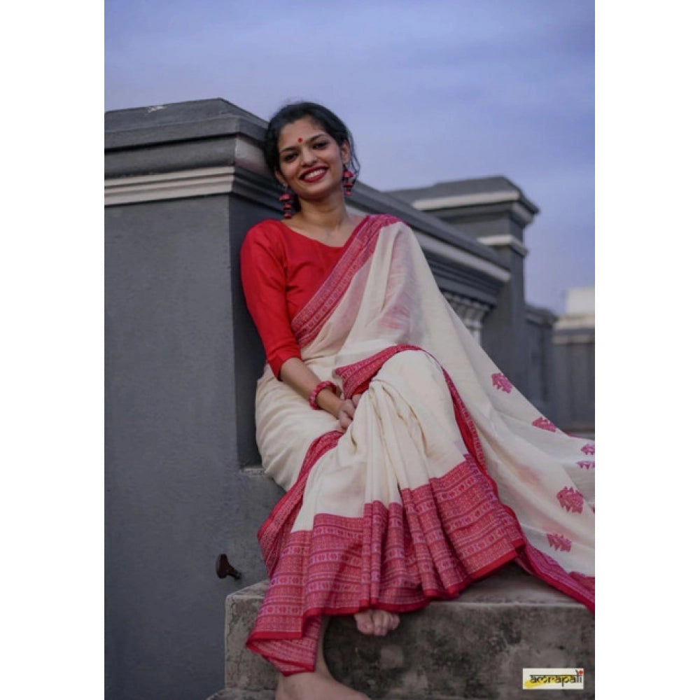 Generic Women's Soft Lilan Printed Saree With Unstitched Blouse 5.5Mtr (White)