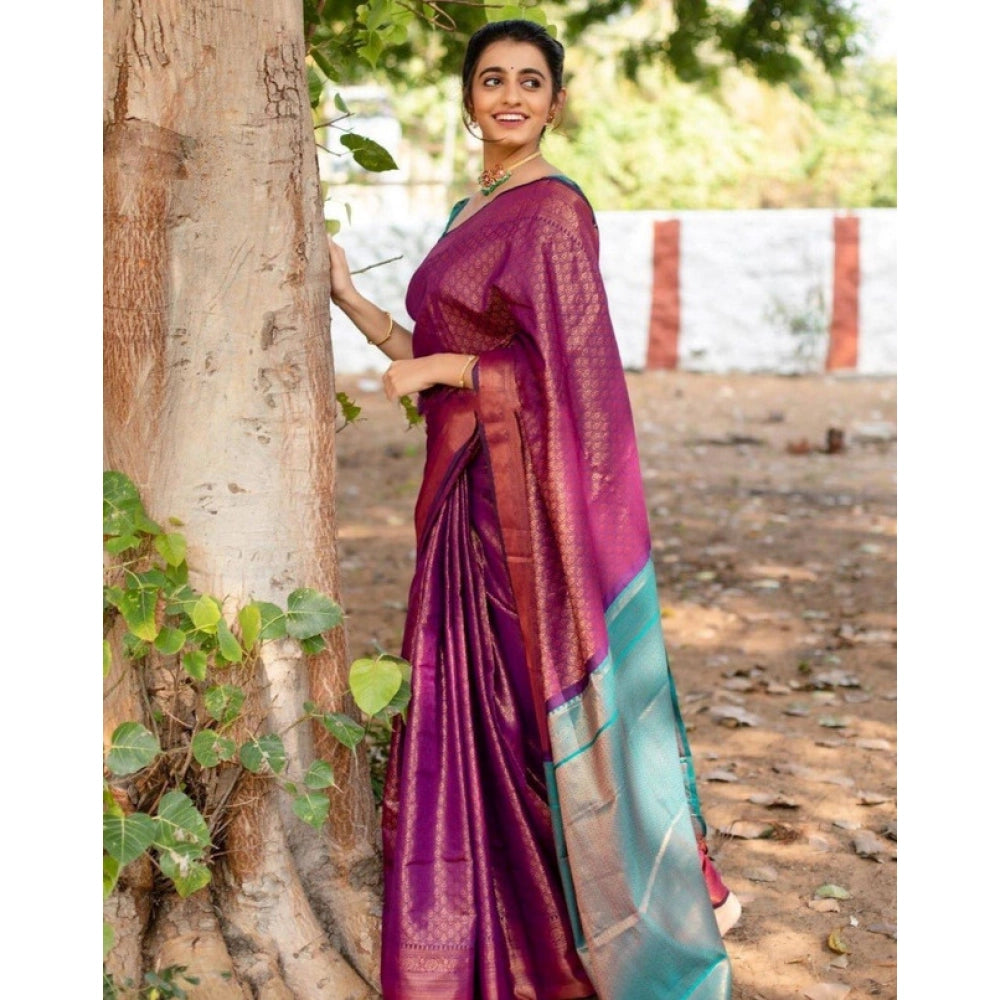 Generic Women's Soft Lichi Silk Printed Saree With Unstitched Blouse 5.5Mtr (Purple)