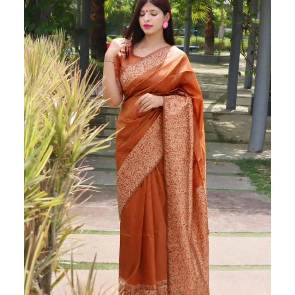 Generic Women's Soft Lichi Silk Printed Saree With Unstitched Blouse 5.5Mtr (Brown)
