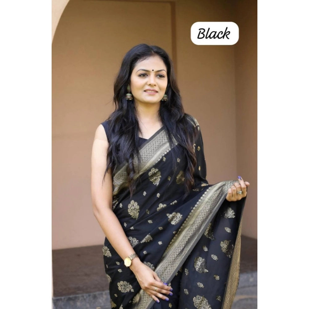 Generic Women's Soft Lichi Silk Printed Saree With Unstitched Blouse 5.5Mtr (Black)