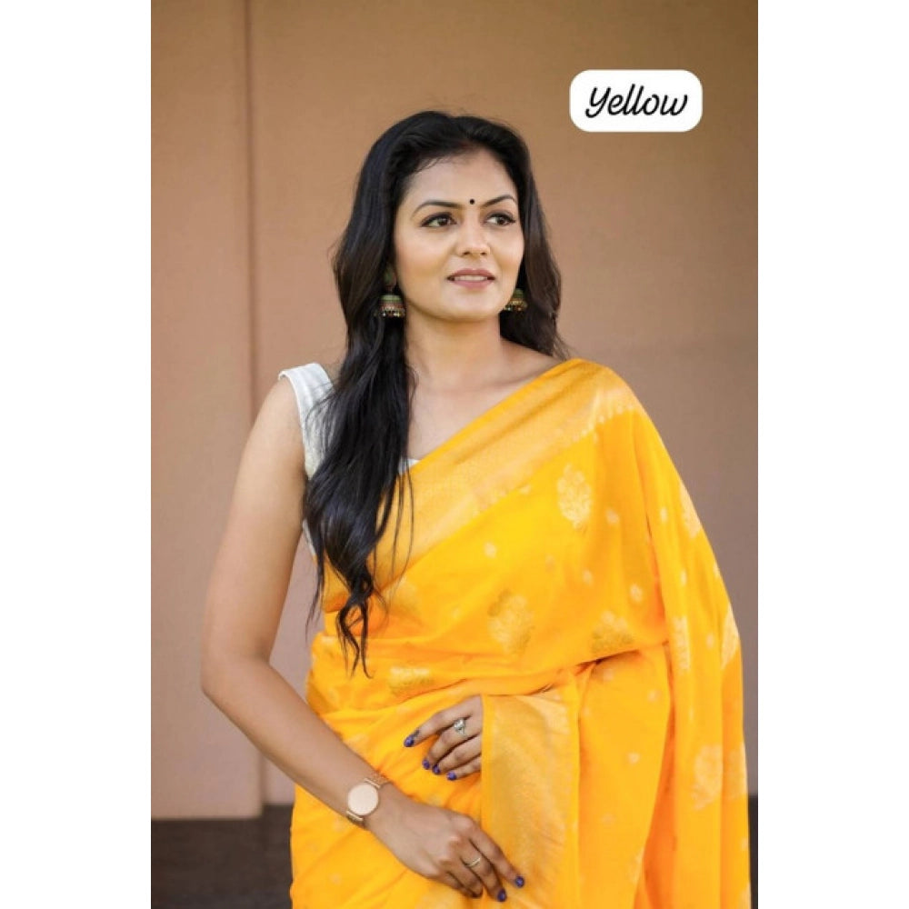 Generic Women's Soft Lichi Silk Printed Saree With Unstitched Blouse 5.5Mtr (Yellow)