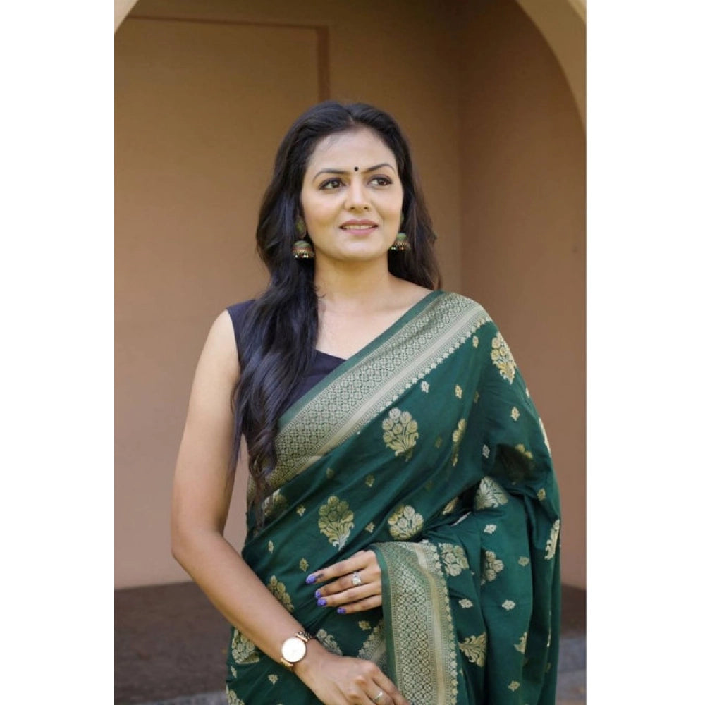 Generic Women's Soft Lichi Silk Printed Saree With Unstitched Blouse 5.5Mtr (Bottle-Green)