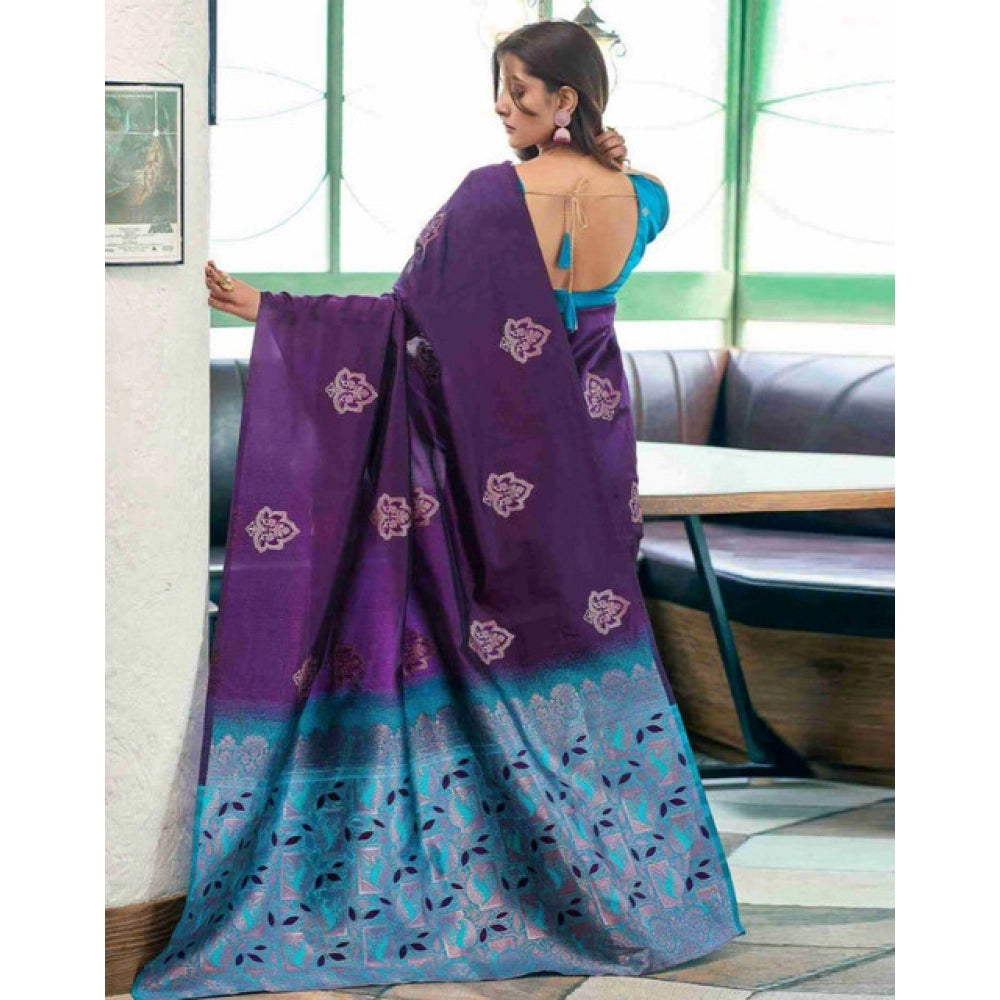 Generic Women's Soft Lichi Silk Printed Saree With Unstitched Blouse 5.5Mtr (Blue)