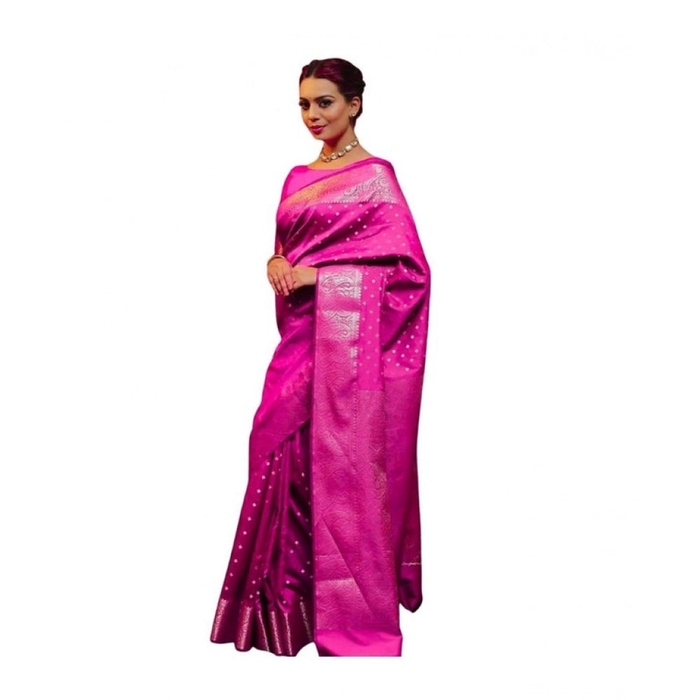 Generic Women's Soft Lichi Silk Printed Saree With Unstitched Blouse 5.5Mtr (Pink)