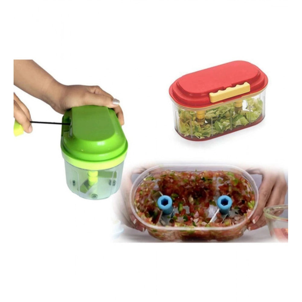 Generic Pack Of 2_Twin Bowl Dual-Blade Hand Chopper | Manual Food Processor for Vegetables And Fruits (Color: Assorted )
