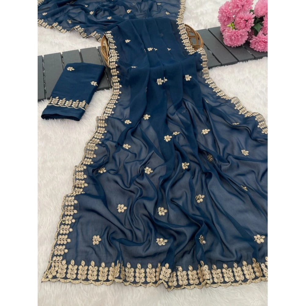 Generic Women's Georgette Embroidered Saree With Unstitched Blouse 5.5Mtr (Blue)