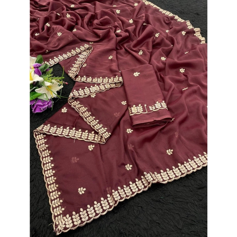 Generic Women's Georgette Embroidered Saree With Unstitched Blouse 5.5Mtr (Maroon)