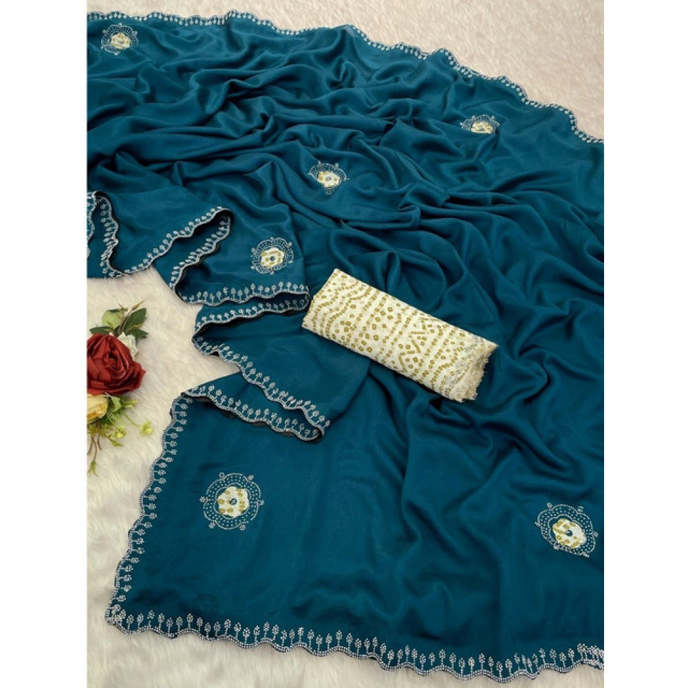 Generic Women's Chiffon Butti Dotted Saree With Unstitched Blouse 5.5Mtr (Blue)