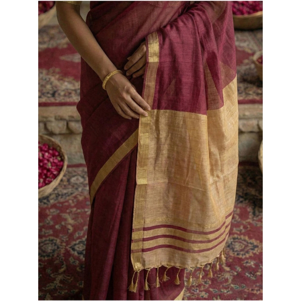 Generic Women's Cotton Printed Saree With Unstitched Blouse 5.5Mtr (Wine)