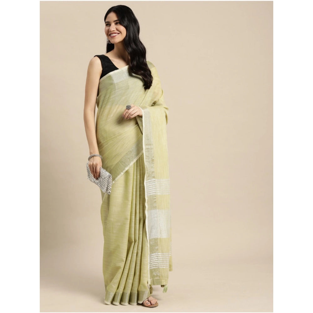 Generic Women's Linen Cotton Printed Saree With Unstitched Blouse 5.5Mtr (Olive Green)