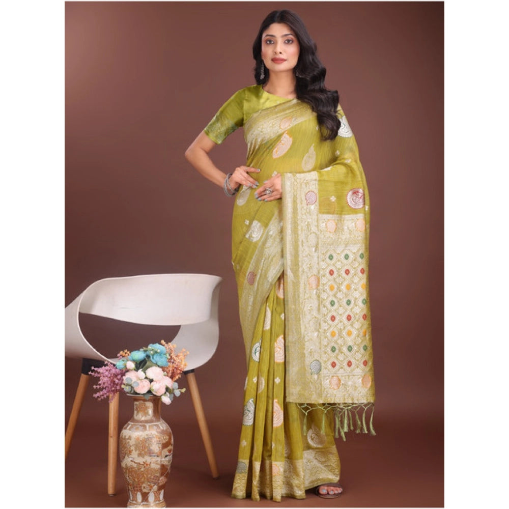 Generic Women's Linen Cotton Printed Saree With Unstitched Blouse 5.5Mtr (Mustrad)