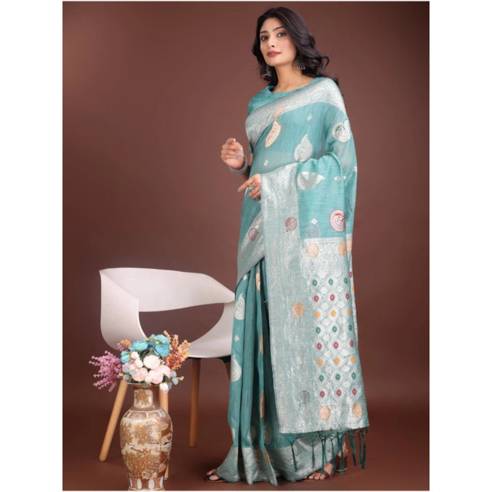 Generic Women's Linen Cotton Printed Saree With Unstitched Blouse 5.5Mtr (Sea Green)