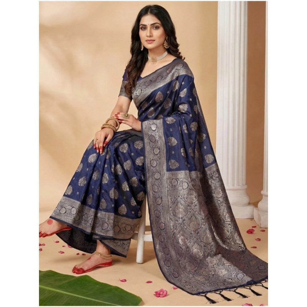 Women's Navy Blue Silk Blend Printed Saree with Unstitched Blouse – 5.5 Mtr