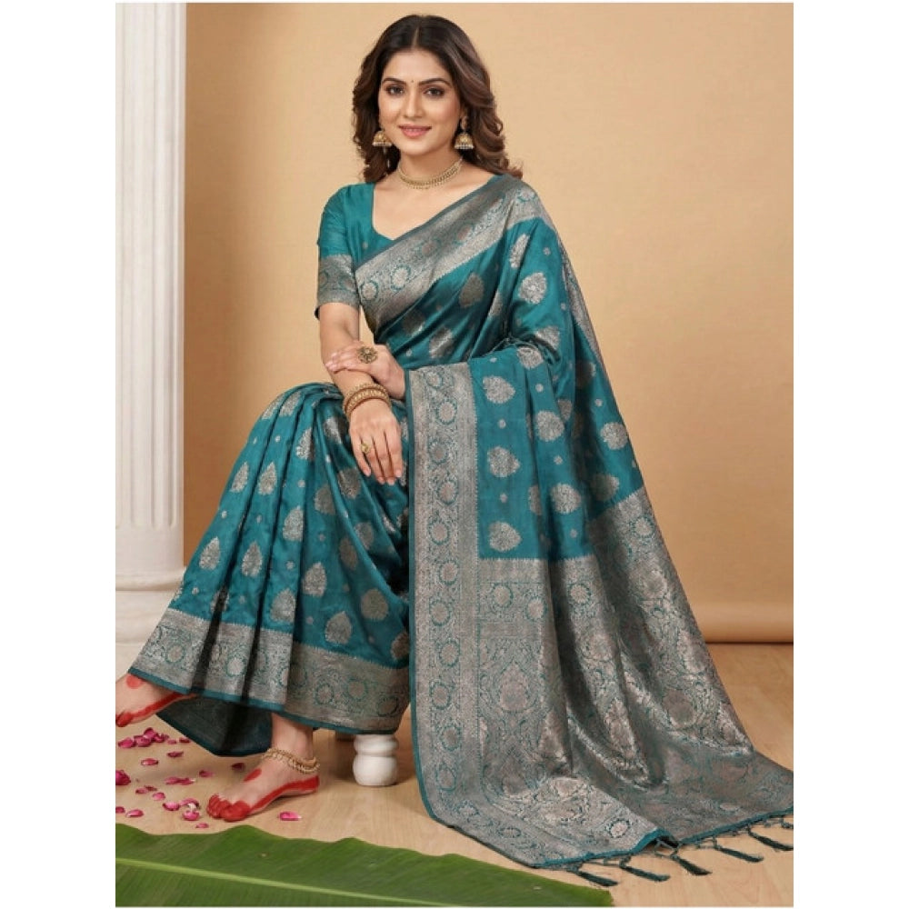 Women's Sea Green Silk Blend Printed Saree with Unstitched Blouse – 5.5 Mtr