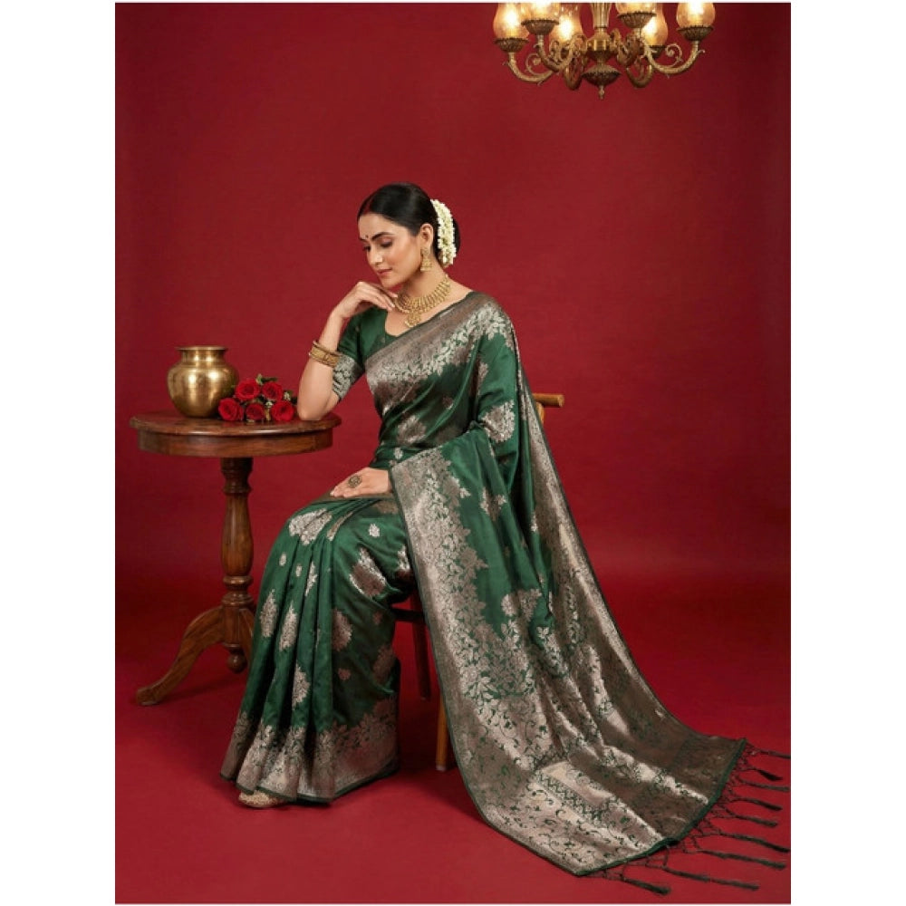 Women's Dark Green Silk Blend Printed Saree with Unstitched Blouse – 5.5 Mtr