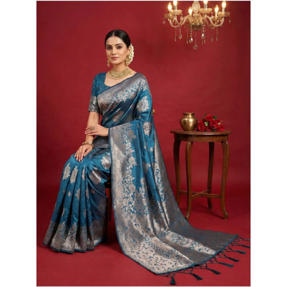 Women's Teal Blue Silk Blend Printed Saree with Unstitched Blouse – 5.5 Mtr