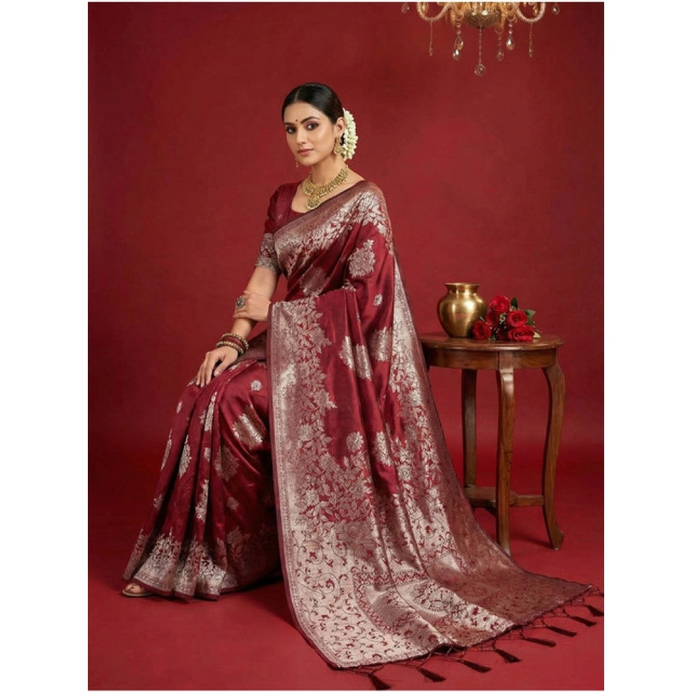 Women's Maroon Silk Blend Printed Saree with Unstitched Blouse – 5.5 Mtr