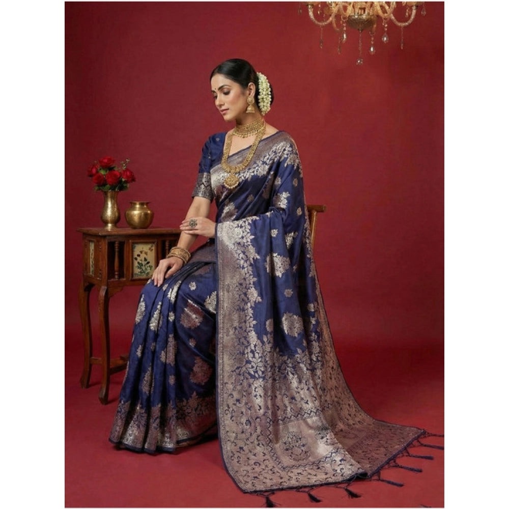 Women's Navy Blue Silk Blend Printed Saree with Unstitched Blouse – 5.5 Mtr