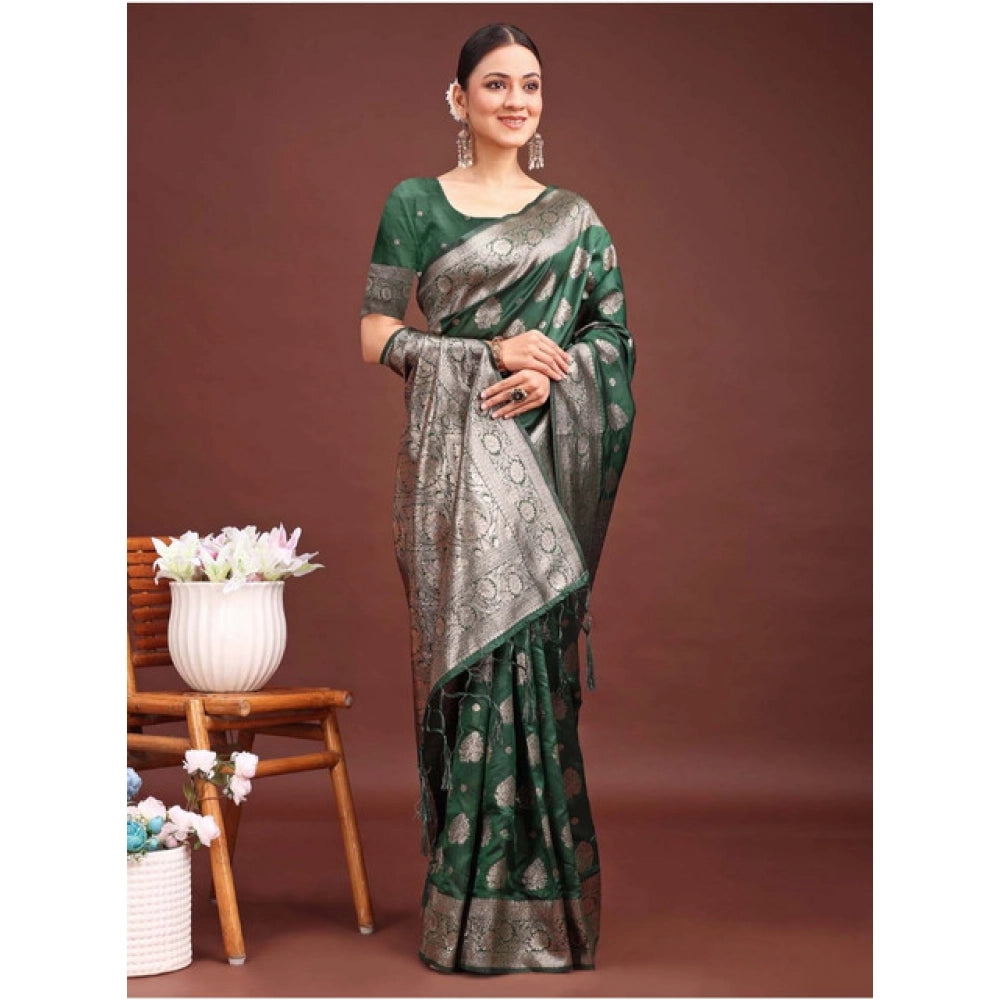 Generic Women's Banarasi Silk Printed Saree With Unstitched Blouse 5.5Mtr (Dark Green)
