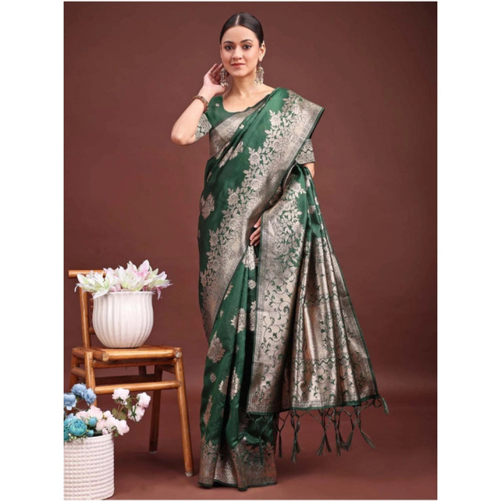Generic Women's Banarasi Silk Printed Saree With Unstitched Blouse 5.5Mtr (Dark Green)