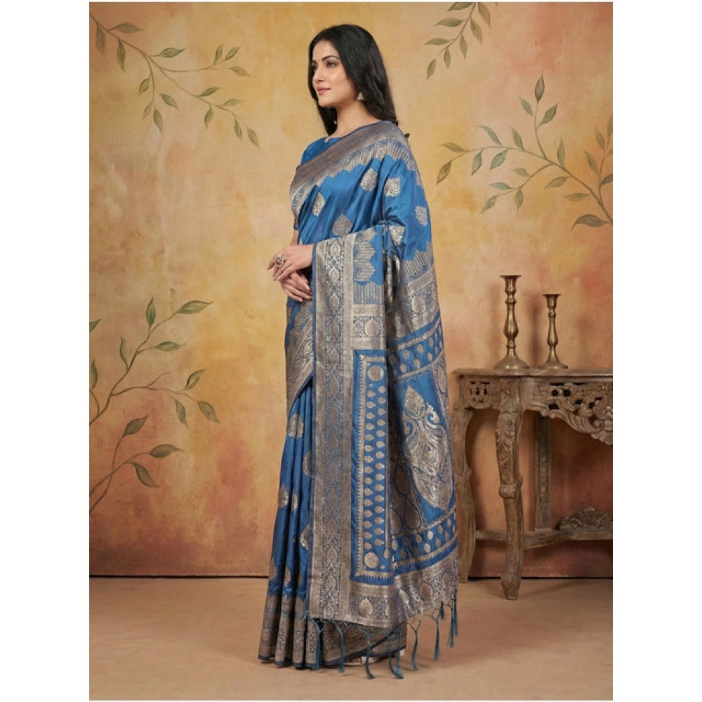 Women's Sky Blue Silk Blend Printed Saree with Unstitched Blouse – 5.5 Mtr