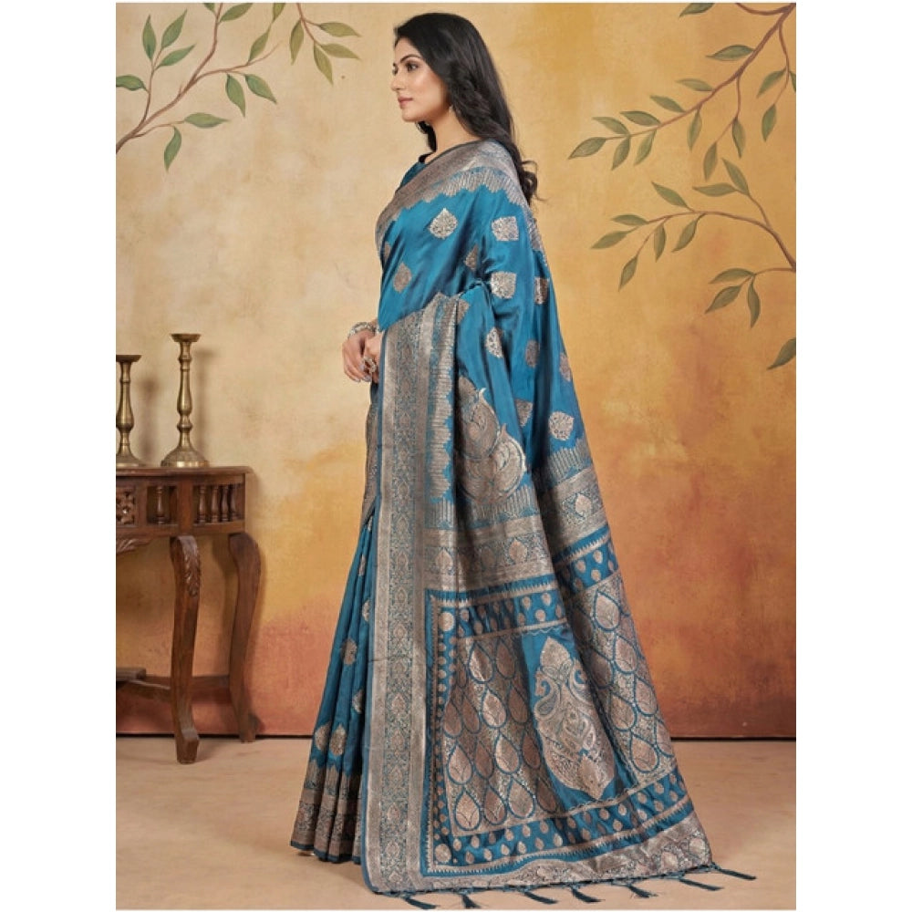 Women's Teal Silk Blend Printed Saree with Unstitched Blouse – 5.5 Mtr