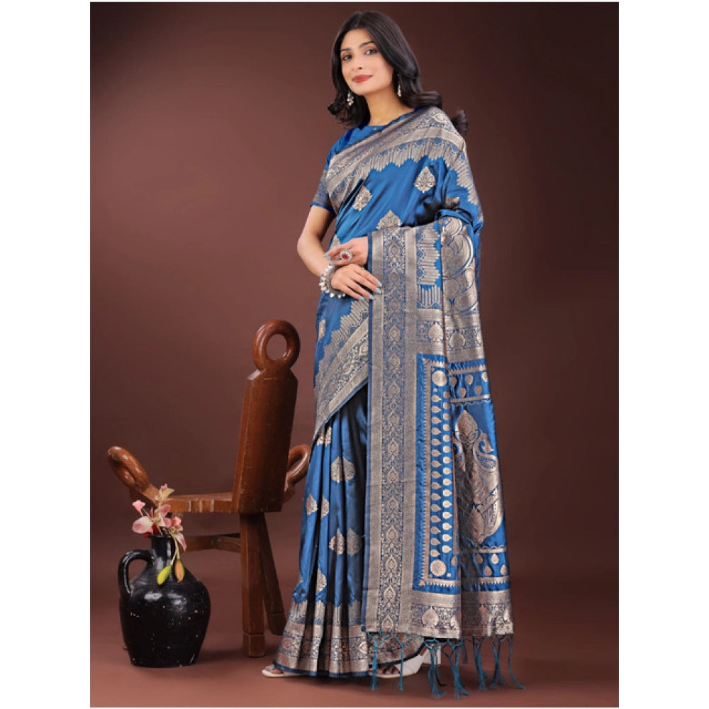 Generic Women's Silk Printed Saree With Unstitched Blouse 5.5Mtr (Sky Blue)